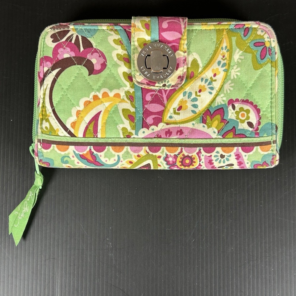 Vera Bradley Tutti Frutti Turn-Lock Quilted Wallet Green Pink  Paisley